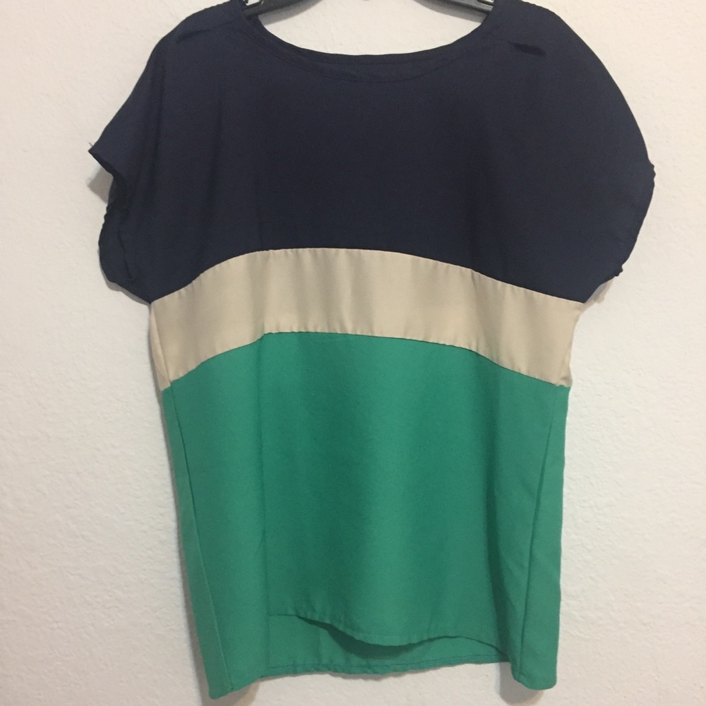 Striped blouse (navy blue, cream, and green)